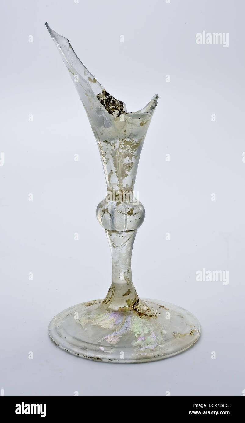 Fragment of foot, trunk and part of calyx of chalice, wine glass drinking  glass drinking utensils tableware holder soil find glass, free blown and  formed Fragment of foot stem and part of