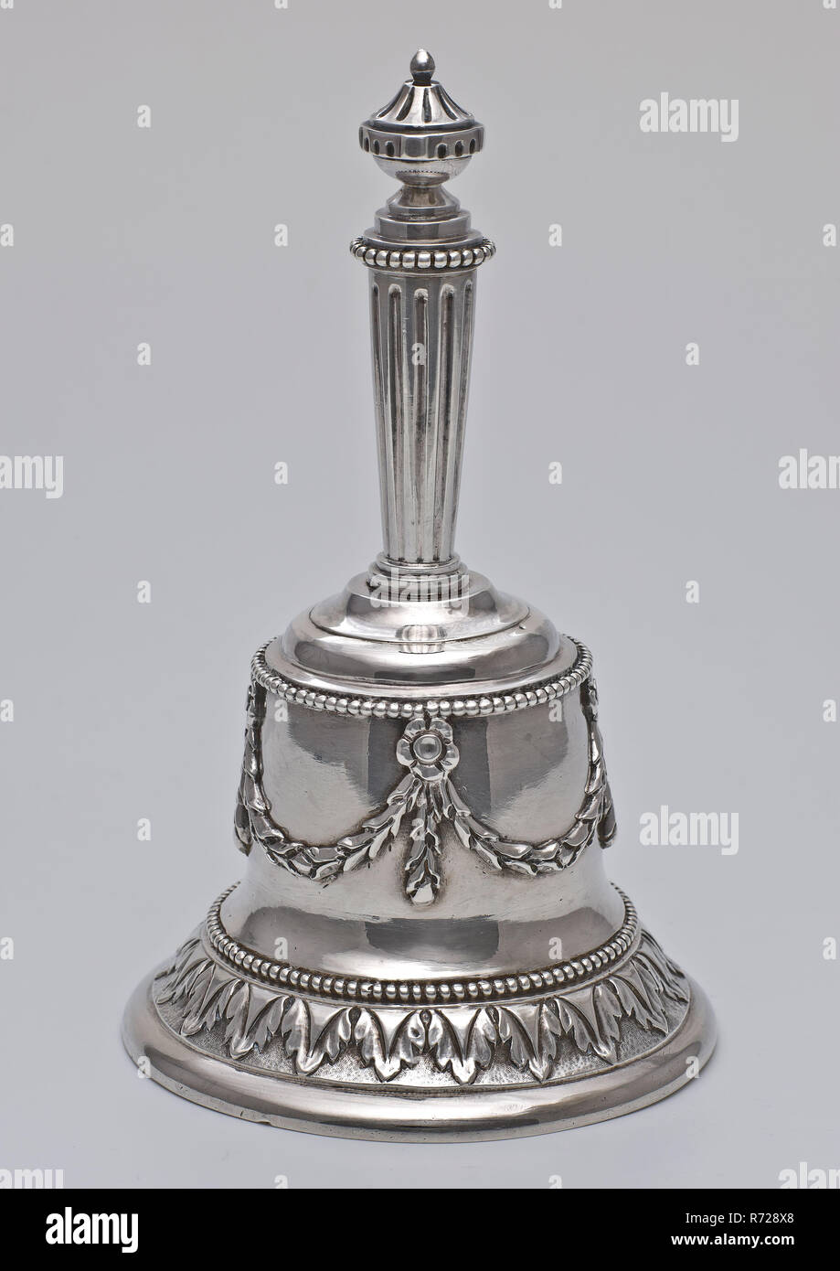 Silversmith: Johannes La Blanc, Bell-shaped, silver bell with clapper,  decorated with leaf garlands, acanthus leaf motifs and rosettes, table bell  sound medium silver, cast appliqued bell-shaped bell, with clapper, fluted  baluster-shaped stem