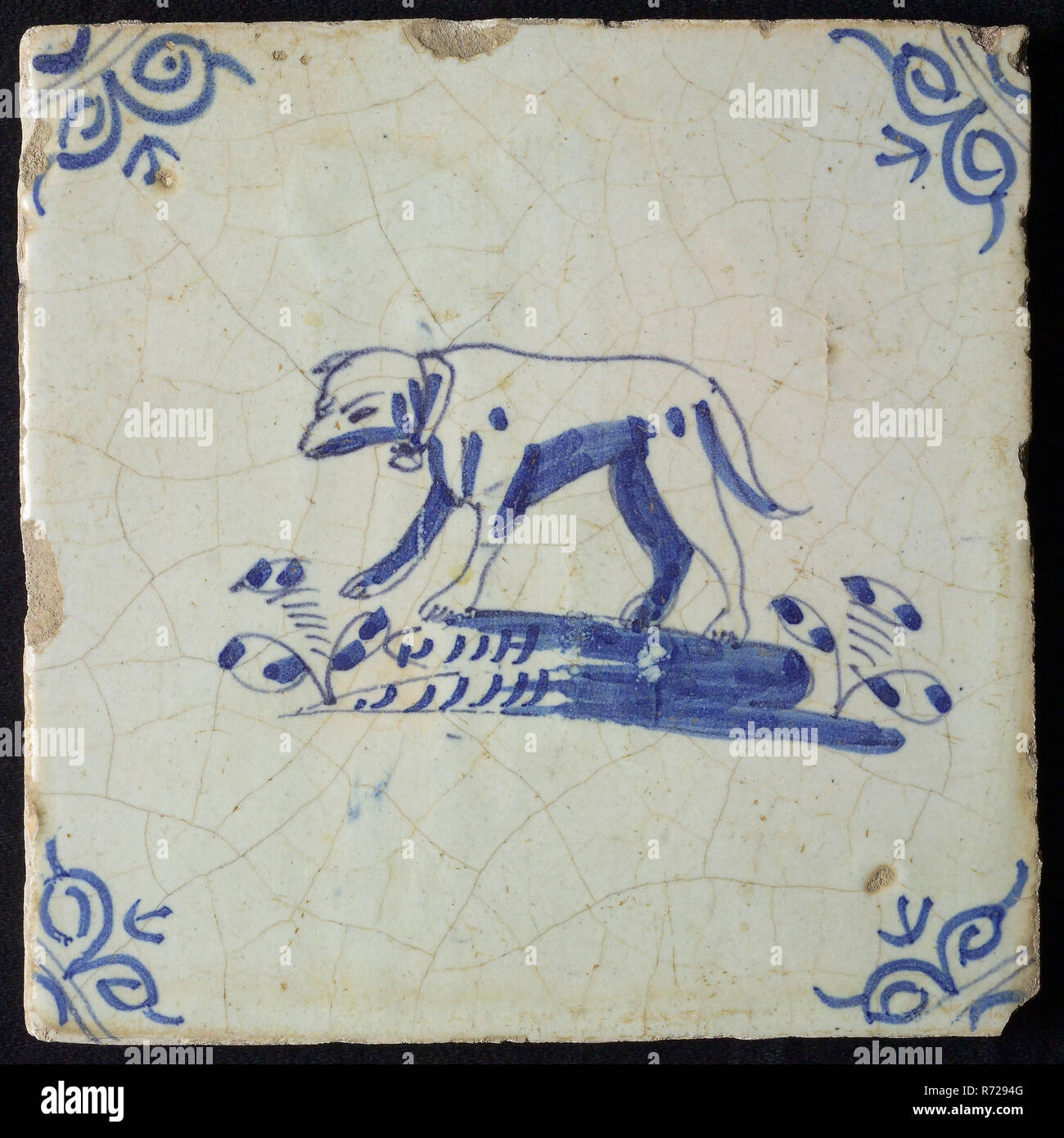 Animal tile, growling standing dog to the left on ground, in blue on ...