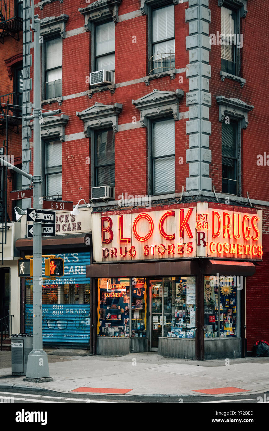The Block Drug Stores sign, in the East Village, Manhattan, New York City Stock Photo