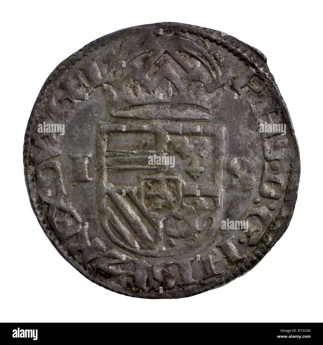 Stuiver, Gelderland, z.j., penny coin money swap silver, PHS. D: G. HISP. DVX. GEL (Philips by the grace of God King of Spain Duke of Guelders) I S (1 penny) pay off Philip II Stock Photo