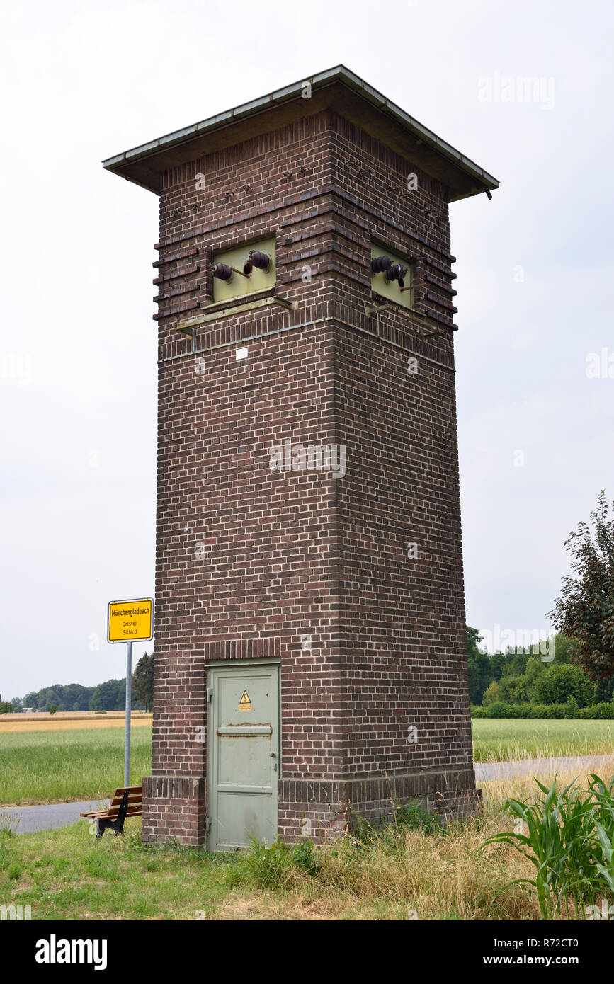 Old transformer station recontructed to a wildlife station with a nesting box for barn owls or kestrels, Germany, Europe. Stock Photo