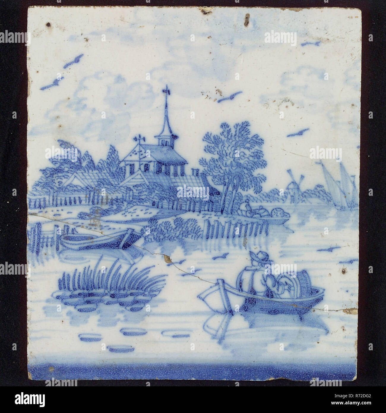 Tile, blue on white, open air, closed with rowing boat in which man ...