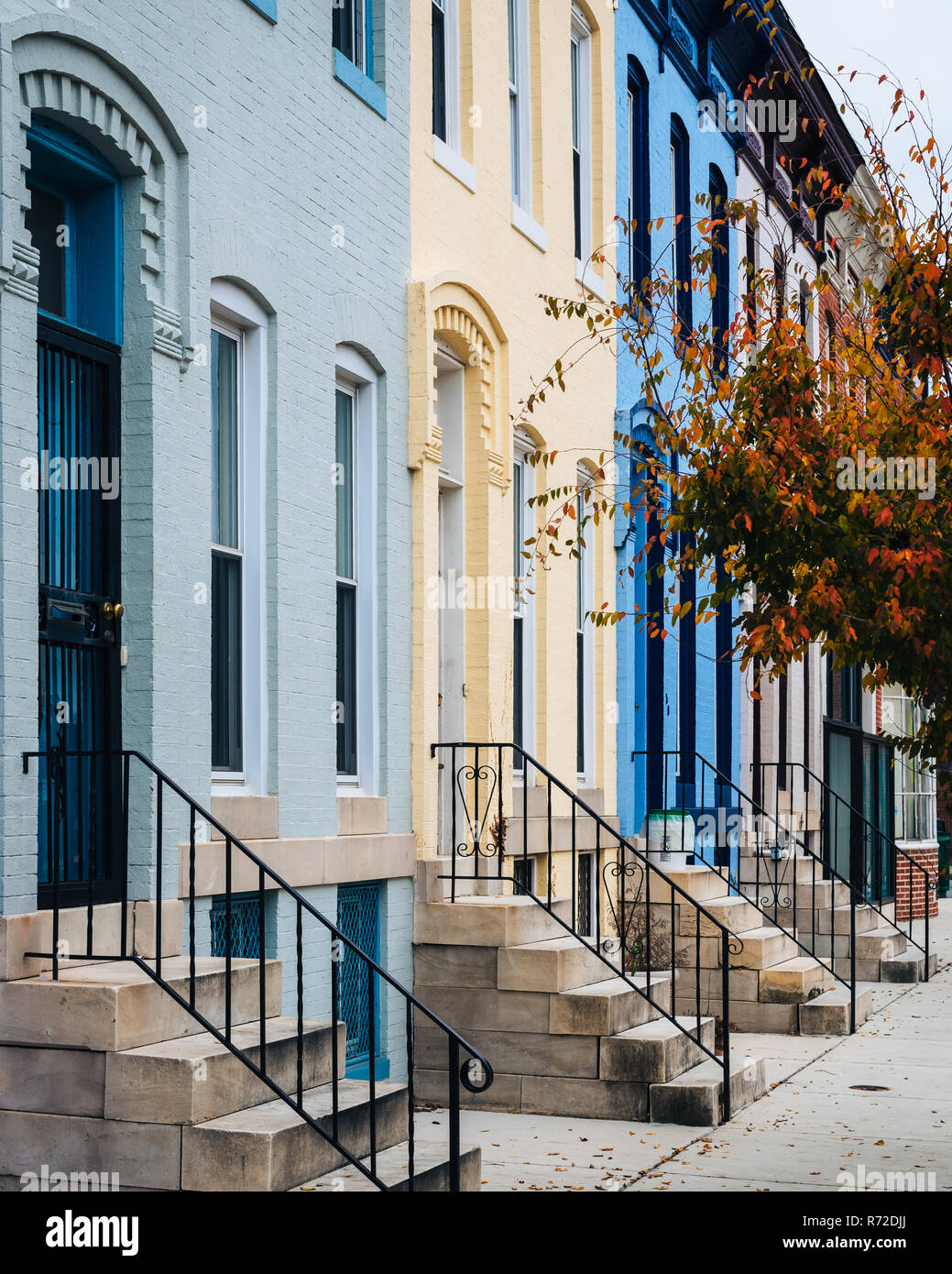 Colorful row houses on 26th Street in Charles Village, Baltimore
