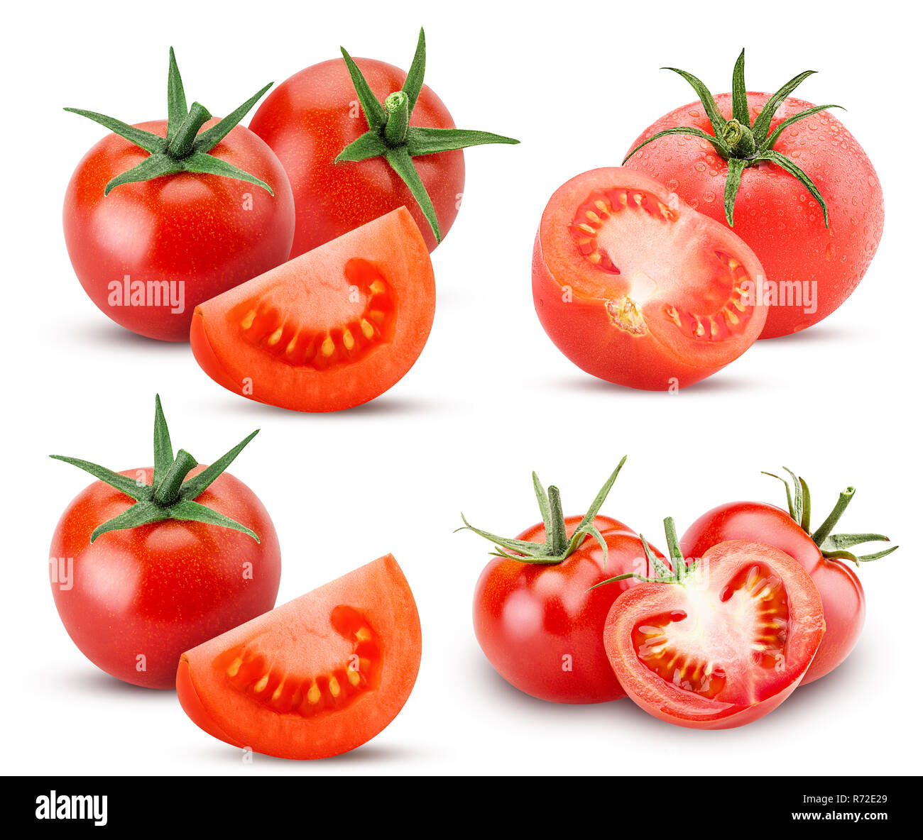 Collection fresh red tomato with green leaves, whole, cut in half, slice isolated on white background Clipping Path Stock Photo