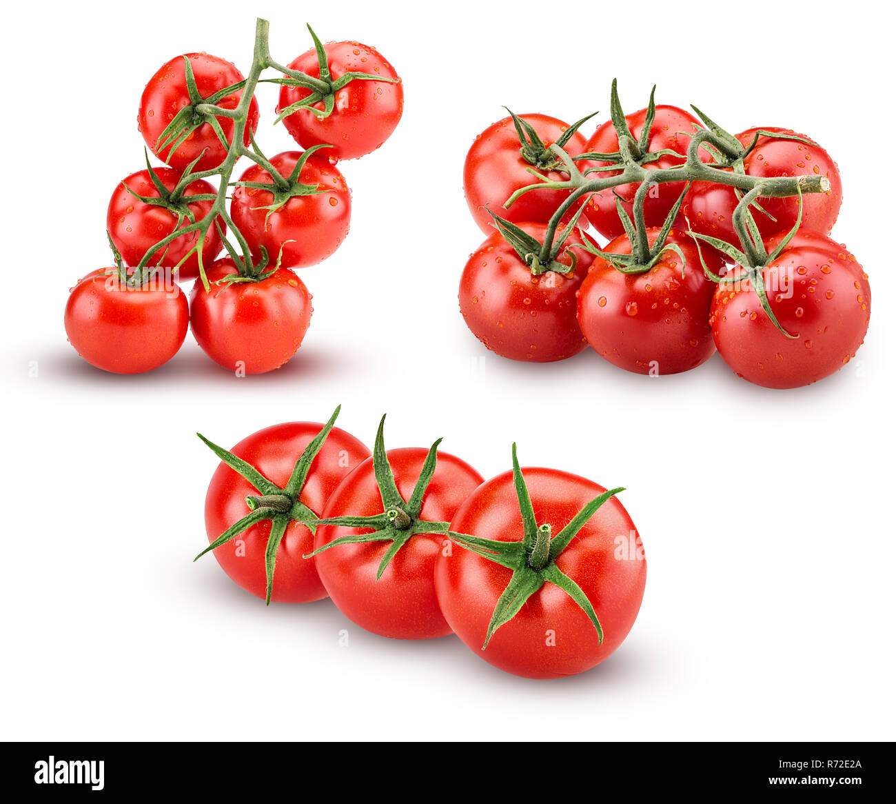 Set big branch of fresh red tomato with green leaves with water drops isolated on white background Clipping Path Stock Photo