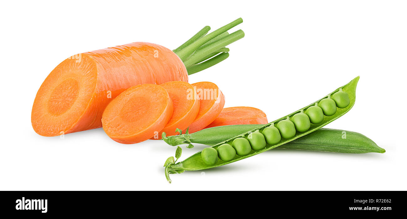 Fresh clean carrots with stems, ring slice and young peas isolated on