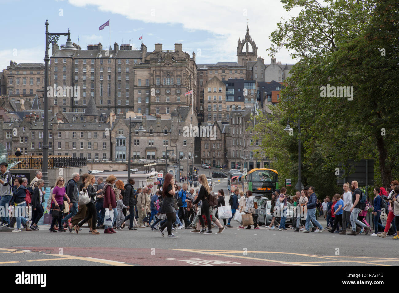 Princes Street in Edinburgh, Scotland, crowded with tourists and shoppers Stock Photo