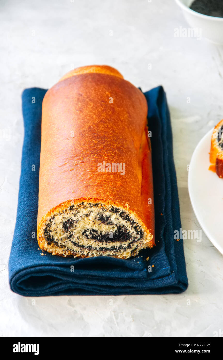 Traditional polish festive pastry Makowiec Poppy seed roll on a