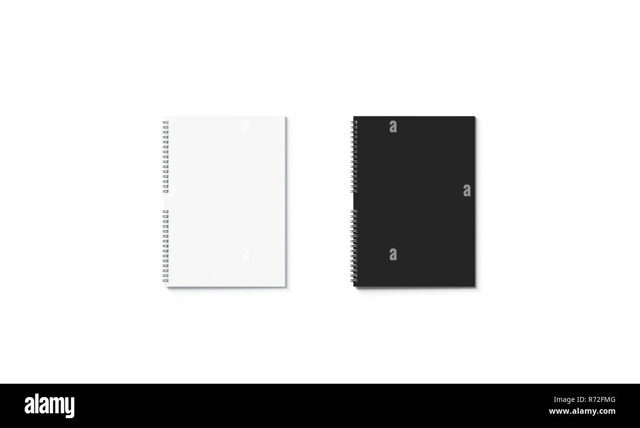 Blank black and white closed notebook mockup set, isolated, 3d rendering. Empty a4 jotter mock up, front view. Clear block note for memory text. Cardboard planner or organizer design. Stock Photo
