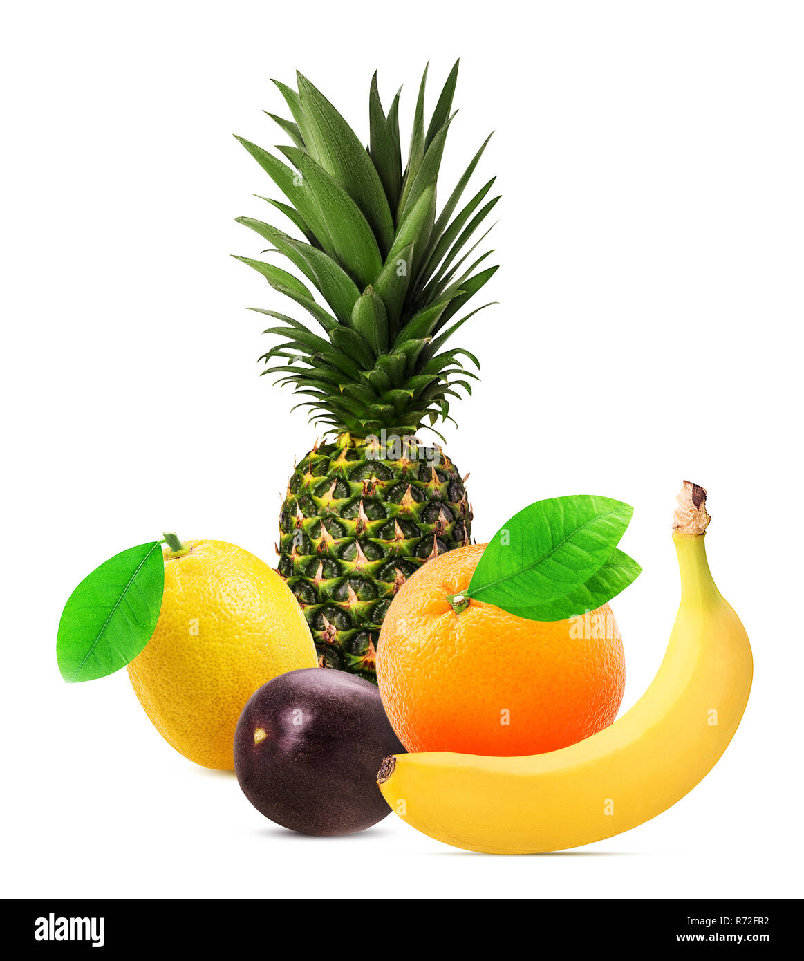Lemon orange banana pineapple passion fruit with leaf isolated on white