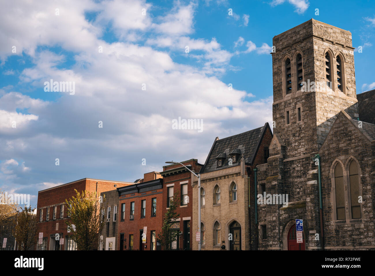 A church and row houses on Bank Street in Highlandtown, Baltimore