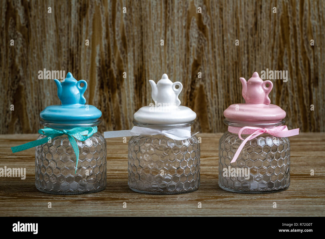 Empty Glass Jars with Colorful Lids on Wooden Table Stock Photo Alamy