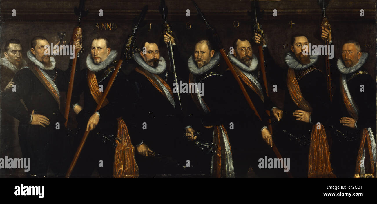 Rotterdamse portrait artist, Portrait of seven officers and the worth of the Saint George chairs in Rotterdam, portrait portrait painting painting footage linen oil painting canvas: high 145,5 w 299,5 Lying rectangular portrait of eight men representing seven officers and the saint of the Sint Jorisdoelen in Rotterdam Each officer with partizaan provided with nail fittings and brush (pet) sash iron ring collar and rapier Year top: ANNO 1604 Rotterdam City Triangle archer militia piece Jorisdoelen militia worth partizaan sponton militaria pet sash ring collar rapier targets Stock Photo