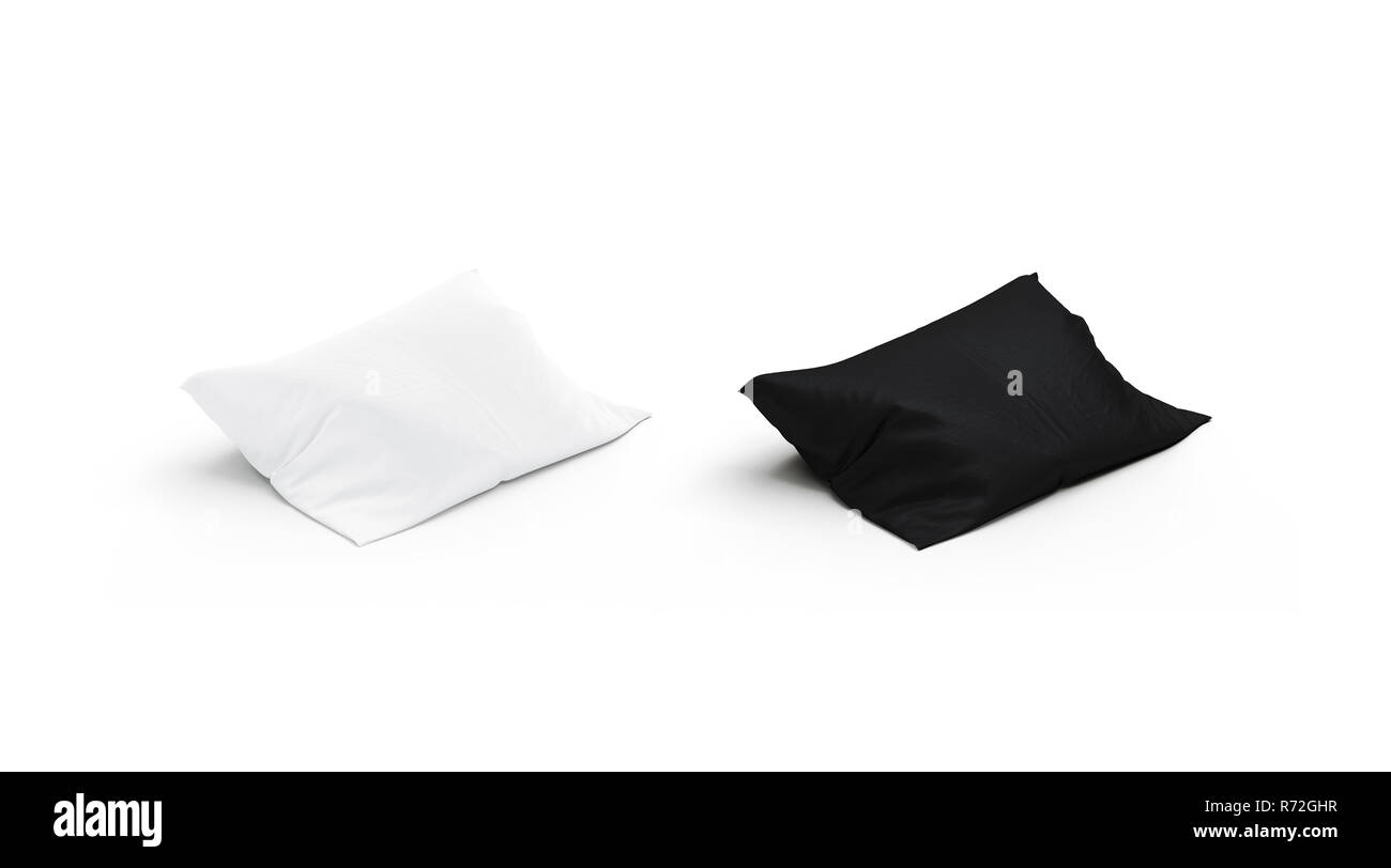 Blank black and white pillow mock up set, side view, 3d rendering. Empty head pilow mockup, isolated. Bedroom relax with cotton pillowslip template. Stock Photo