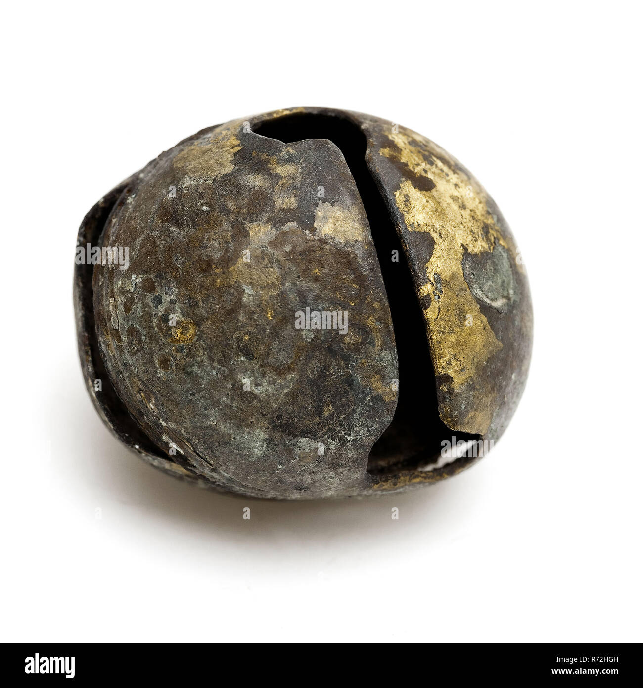 Brass bell of musical instrument or harness, marked, bell sounding device ground find copper