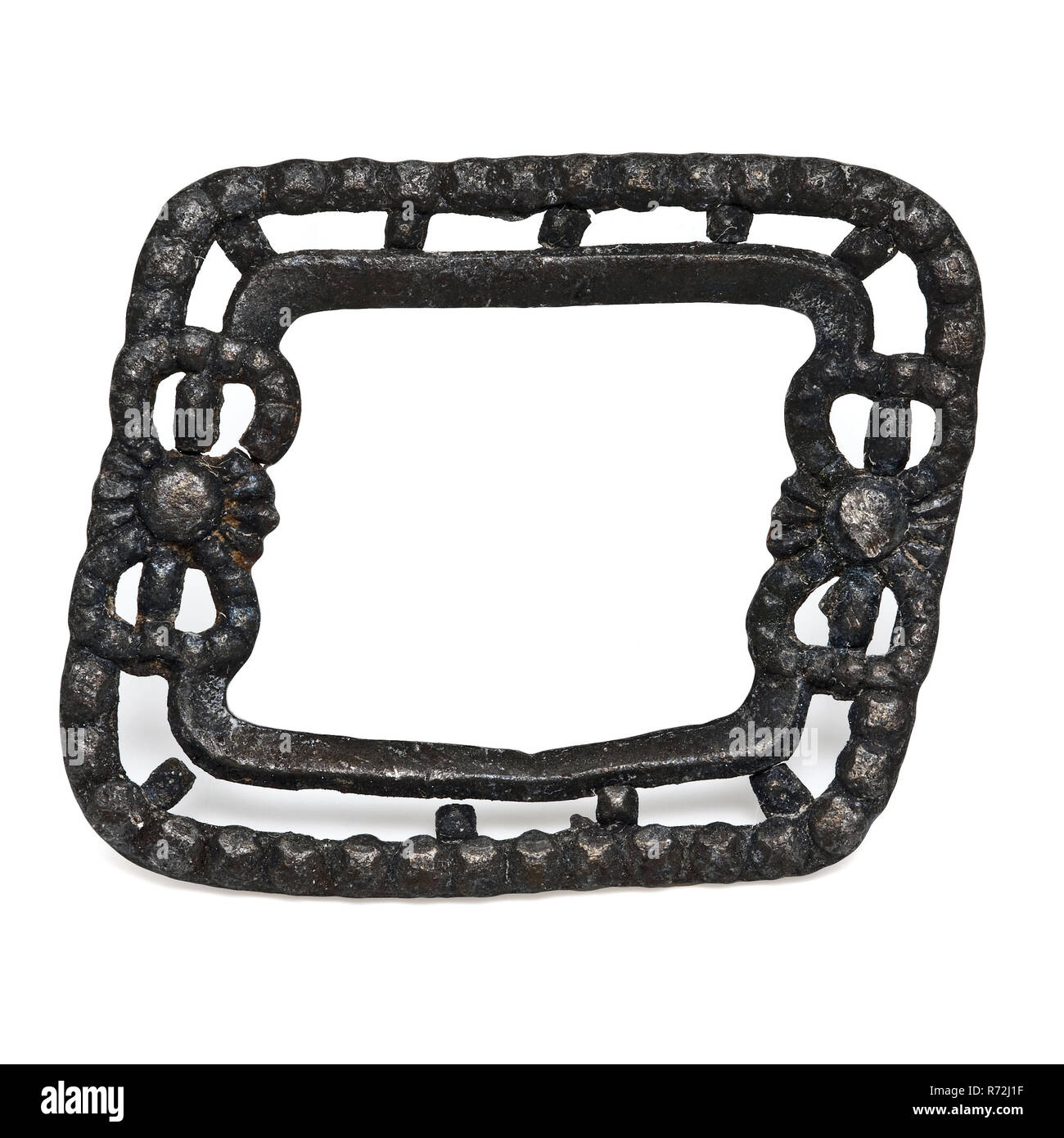 Pewter buckle with open frame, two bows, buckle fastener component soil