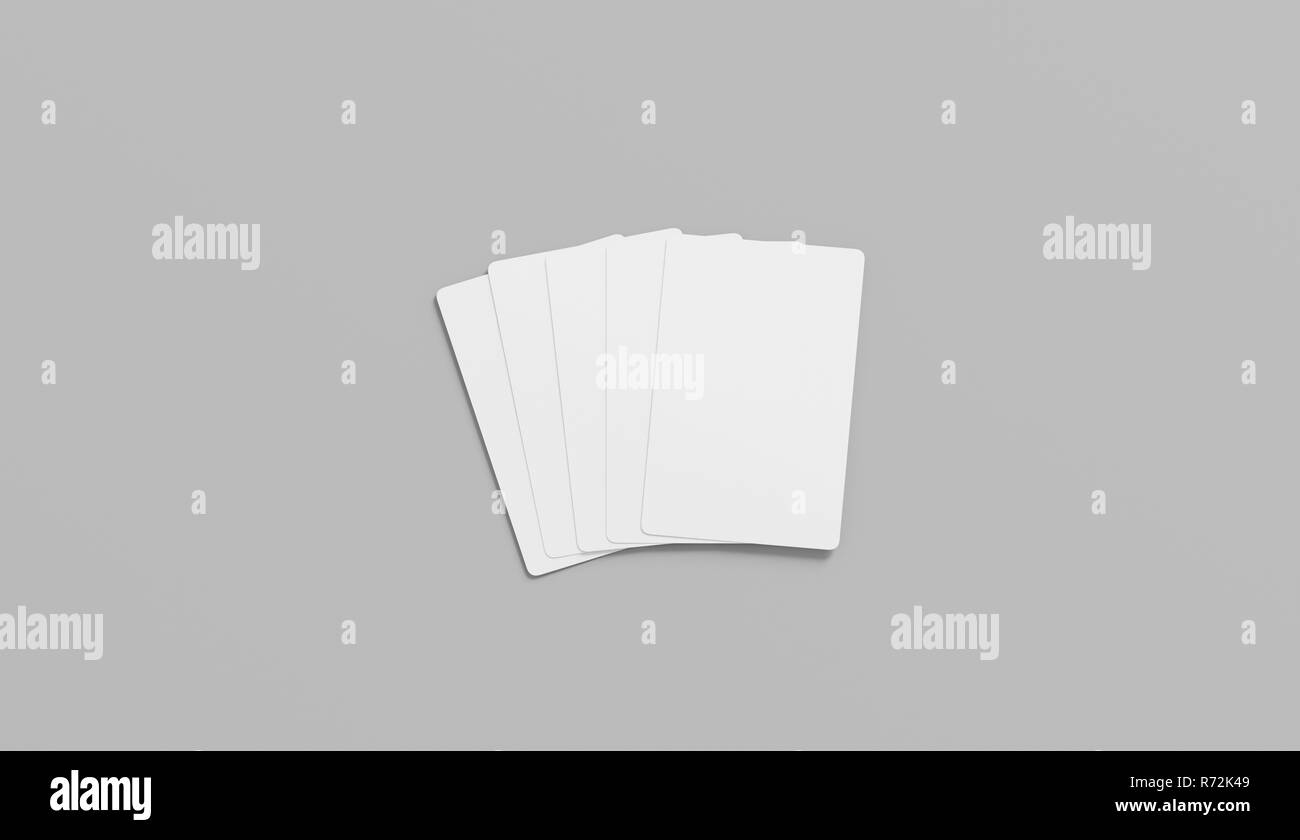 Blank white five playing cards face mock up, isolated, 3d rendering. Empty paper gambling mockup, top view. Clear blackjack or solitaire card design. Success in vegas casino template. Stock Photo