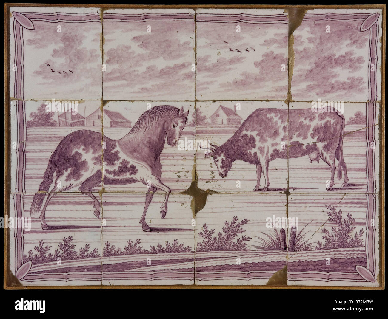 Tile Panel Twelve Tiles Purple On White Horse And Cow In Polder Landscape Tile Picture Material Ceramics Pottery Glaze Baked 2x Glazed Painted Four Wide Three Tall Yellow Shard Rotterdam Delfshaven Interdiscovery