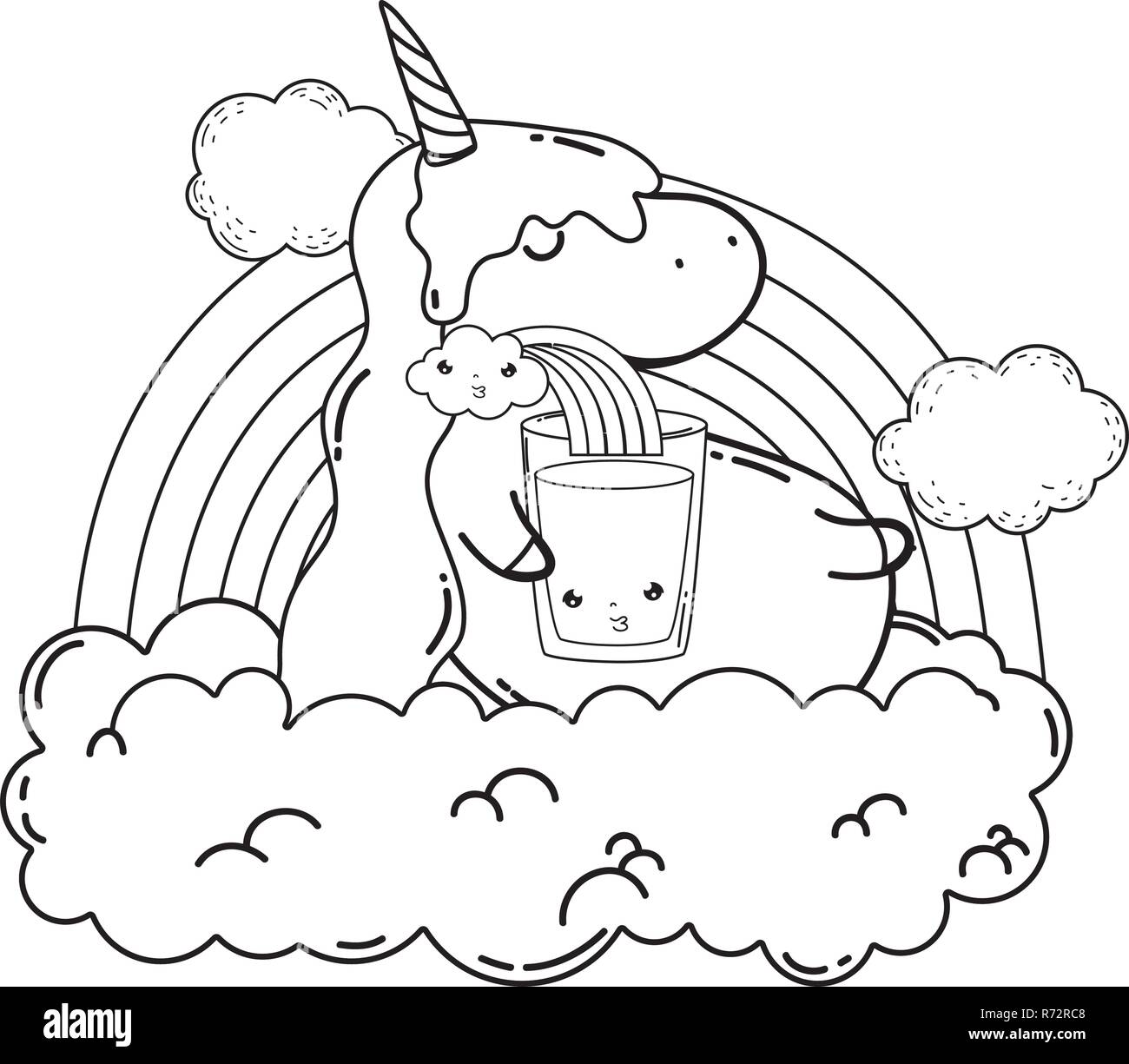 cute unicorn with clouds and rainbow kawaii Stock Vector Image & Art ...