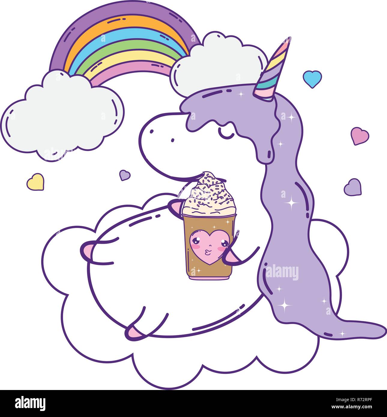 cute unicorn with clouds and rainbow kawaii Stock Vector Image & Art ...