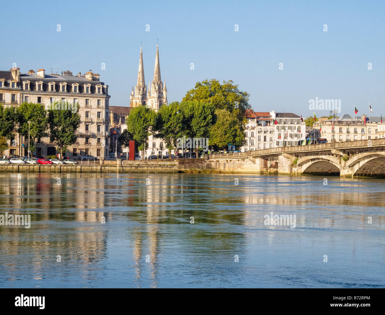 Adour River and the Cathedral of Saint Mary - Bayonne Stock Photo