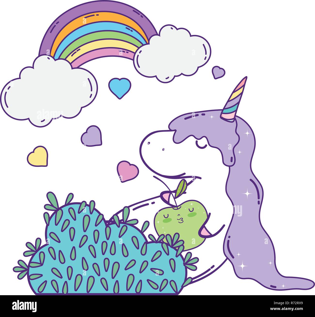 cute unicorn with clouds and rainbow kawaii Stock Vector Image & Art ...