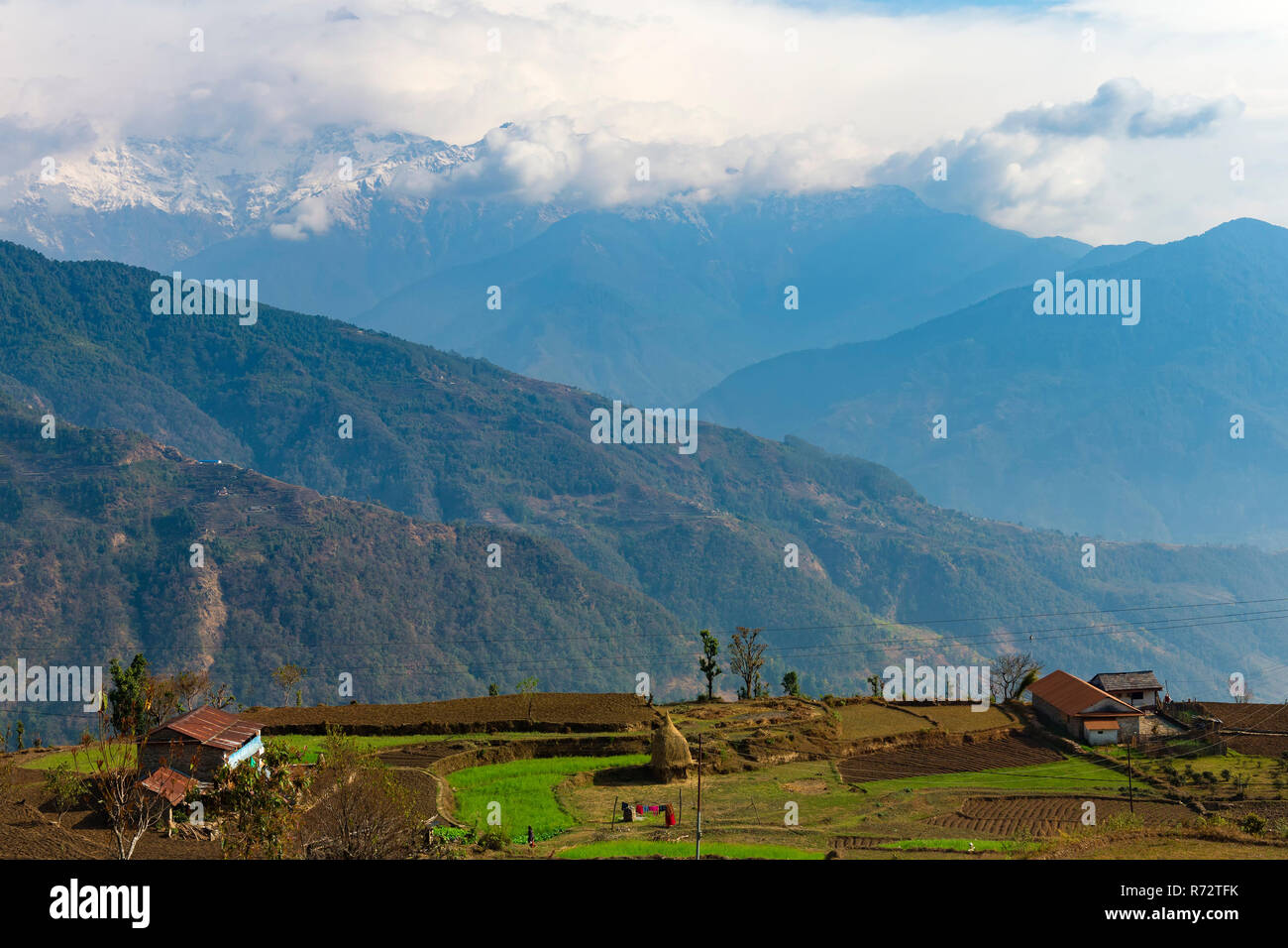 Himalaya range viewed from Dhampus Mountain village, Nepal Stock Photo