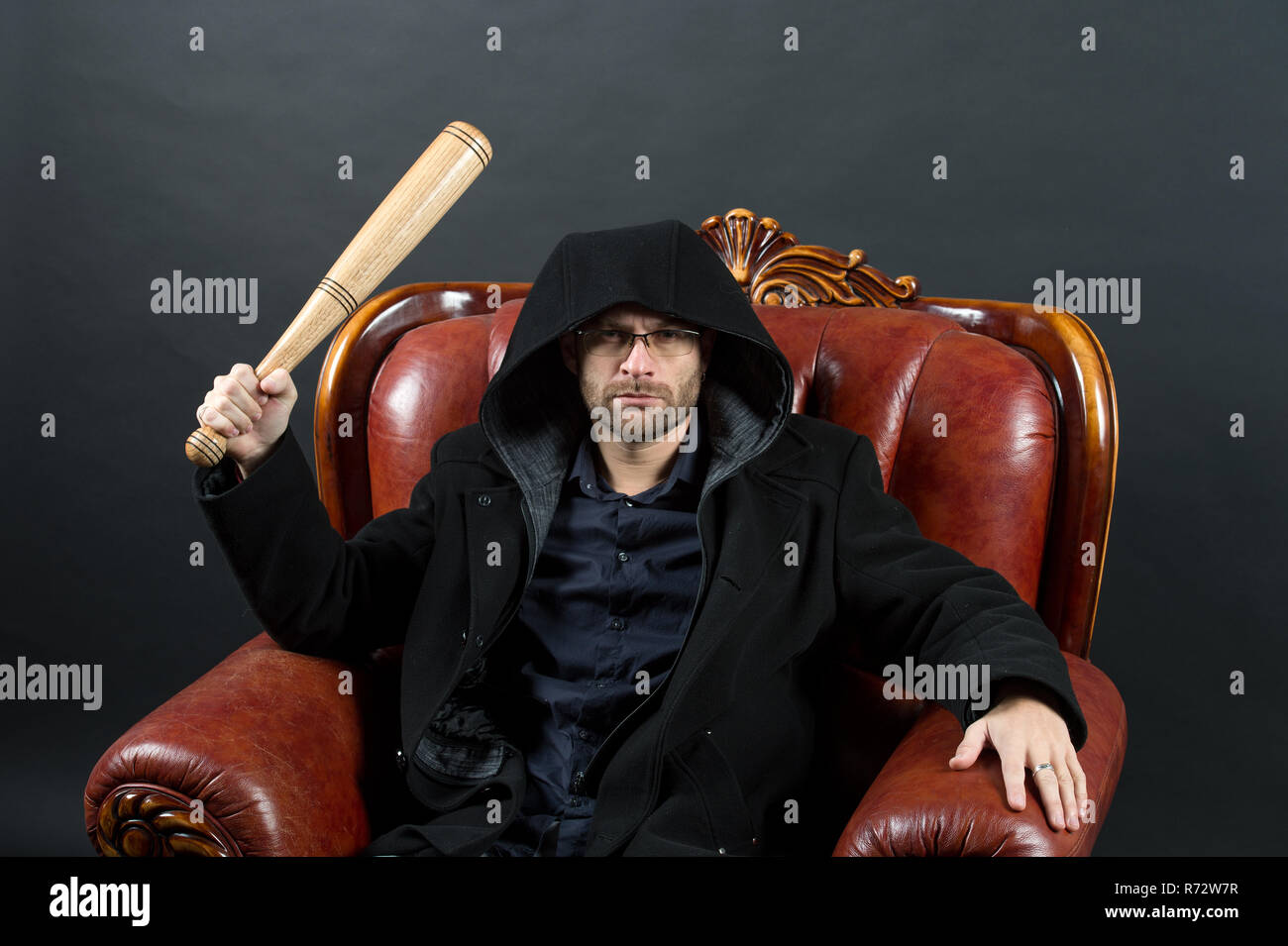 Crime or aggression and violence concept. Bearded man with baseball bat