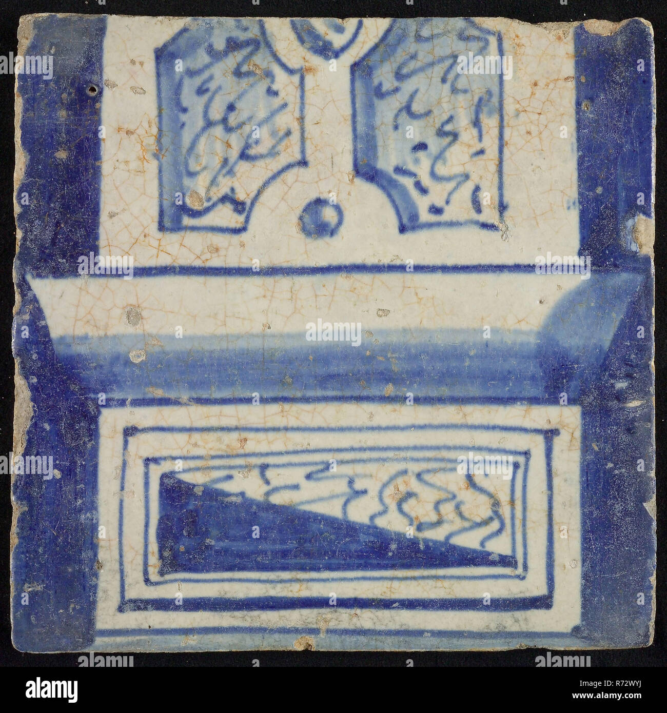 Tile of chimney pilaster, blue on white, bottom of column with basement, compartment with irregular lines, chimney pilaster tile pilaster footage fragment ceramics pottery glaze, bottom left 1 or slap drawn S (see also 843) 1914 construction town hall Zandstraat-quarters Second World War war bombardment Rotterdam Stadscentrum Stadsdriehoek 1940 renaissance Coming from debris after bombing on Rotterdam in May 1940. Stock Photo
