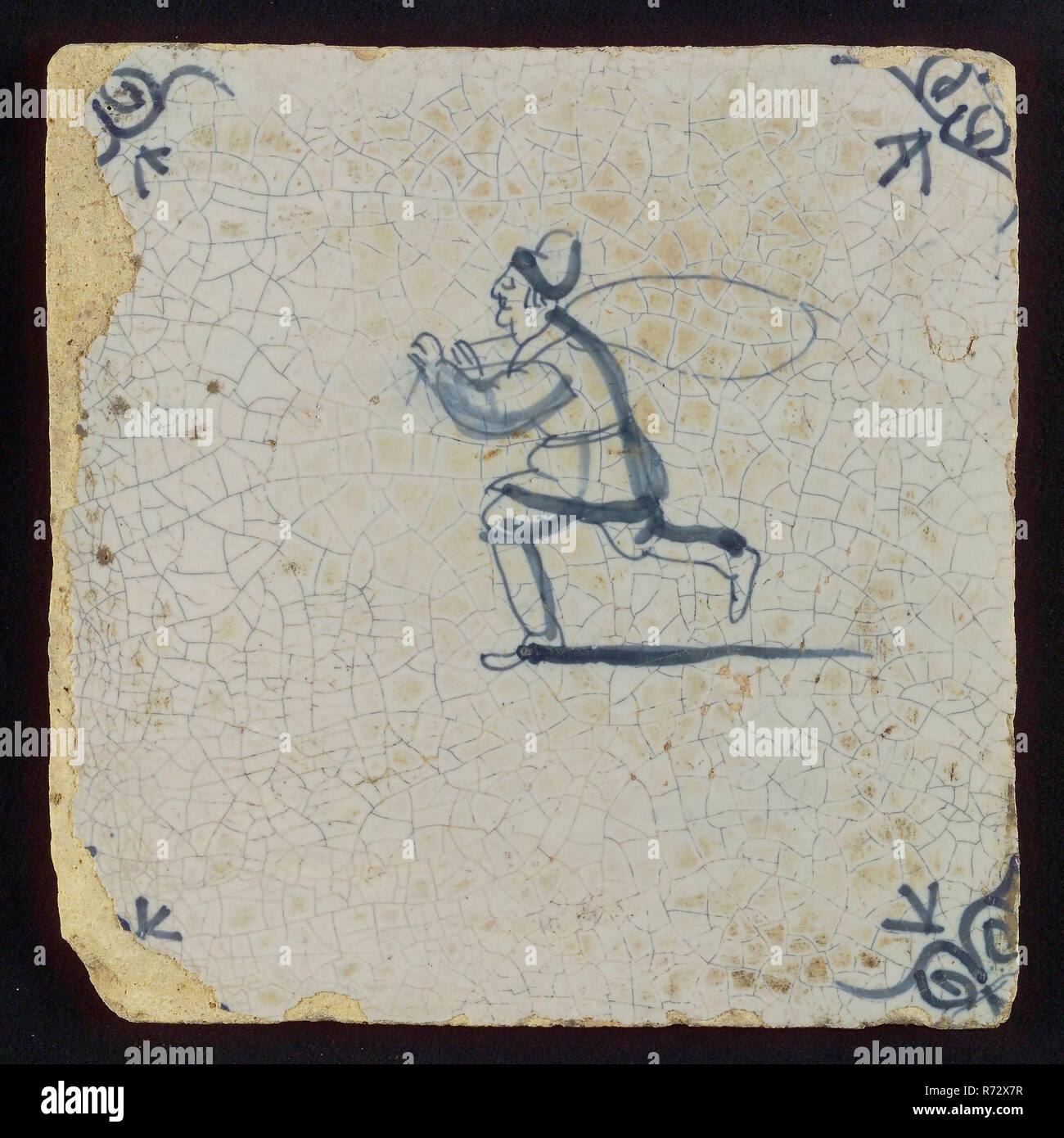 Scene tile, child's play, jump rope, corner motif ox's head, wall tile tile sculpture ceramic earthenware glaze, baked 2x glazed painted Blue on white jumping rope Stock Photo
