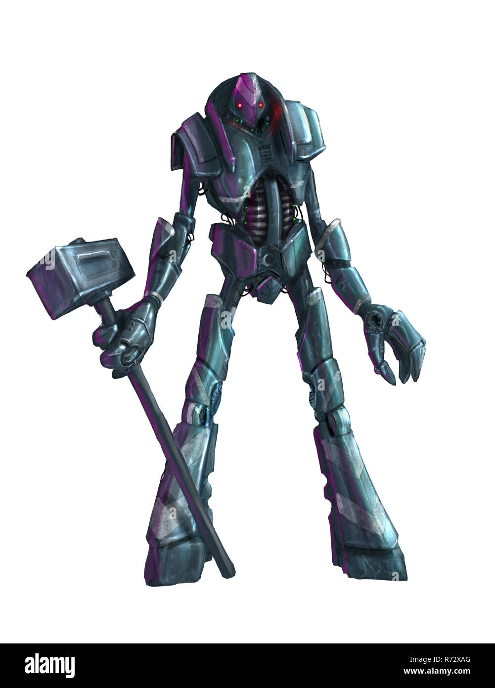 Concept Art Painting Of Isolated Humanoid Robot With Hammer Stock