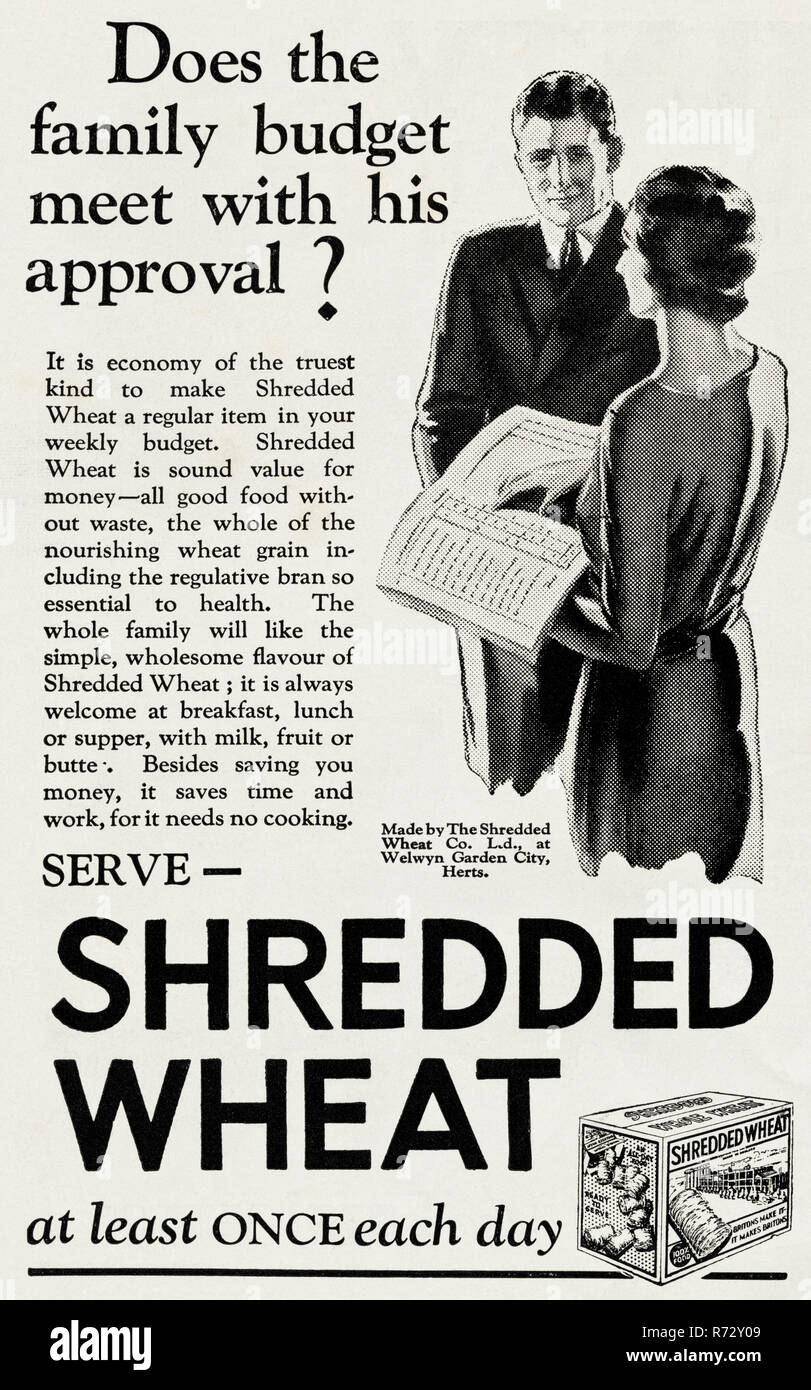 Original 1930s vintage old print advertisement from 30s English magazine advertising Shredded Wheat of Welwyn Garden City Hertfordshire England UK circa 1932 Stock Photo