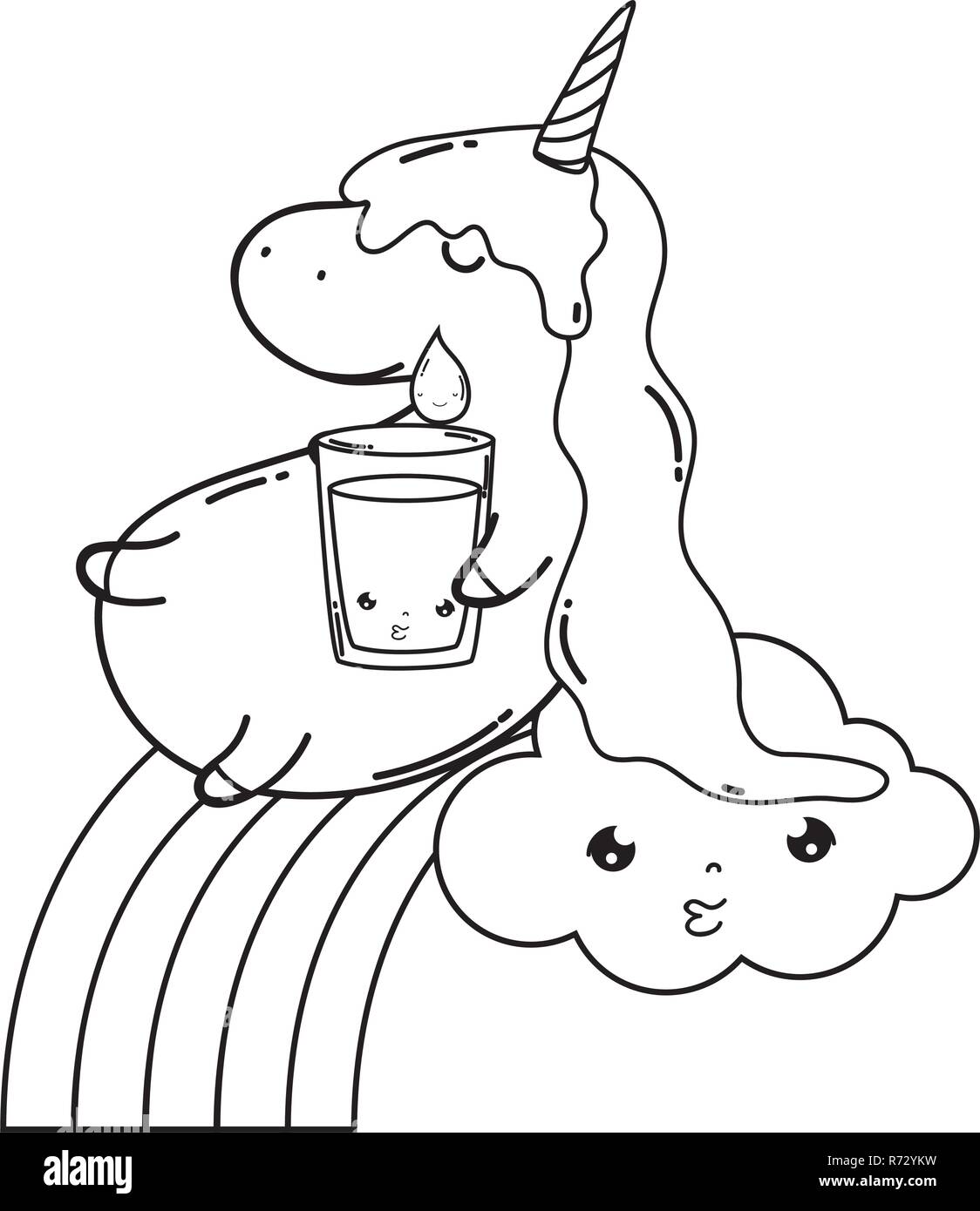 cute unicorn with clouds and rainbow kawaii Stock Vector Image & Art ...