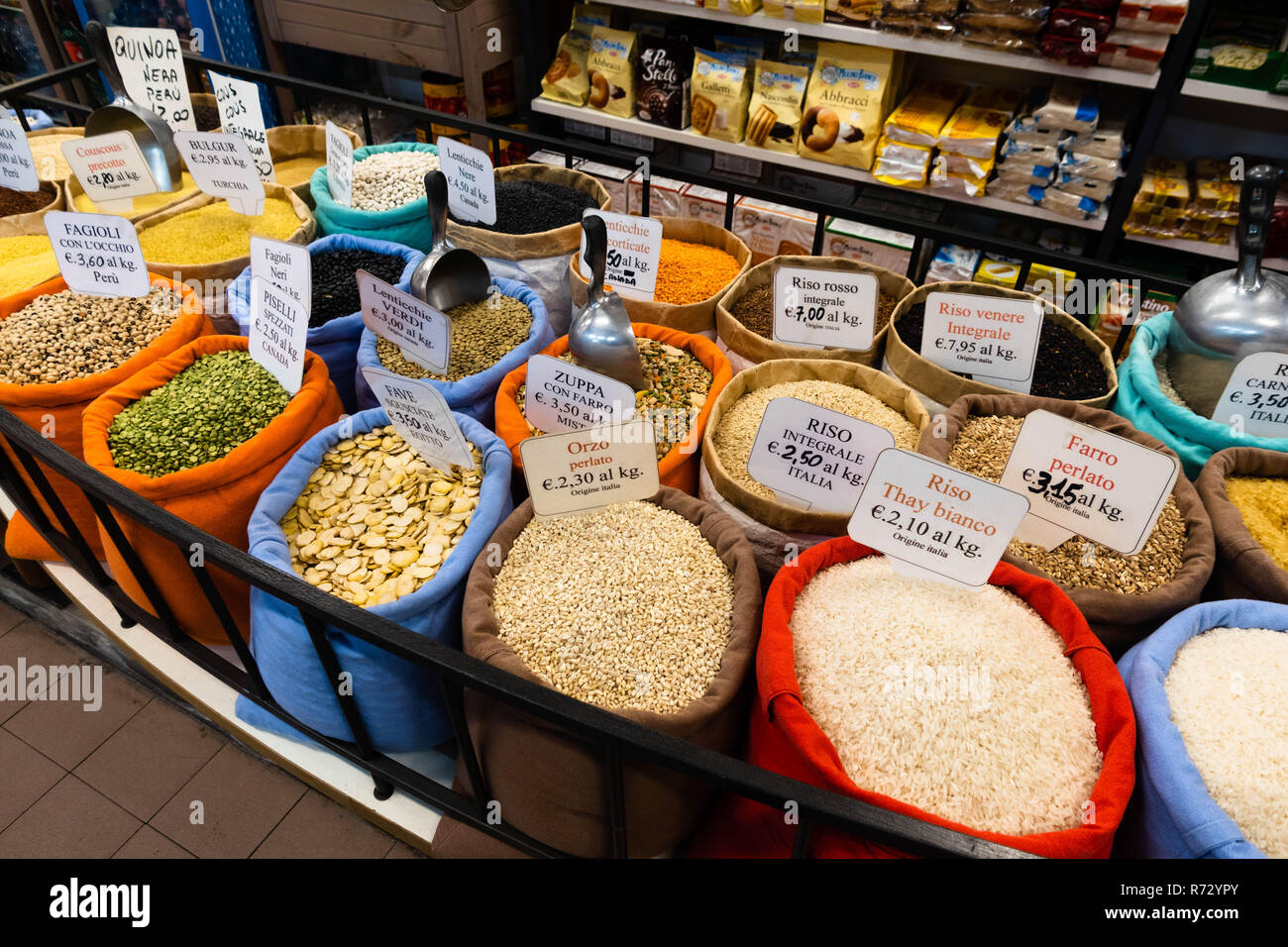 Puses and grains on Display in shop in Lucca Italy Stock Photo Alamy