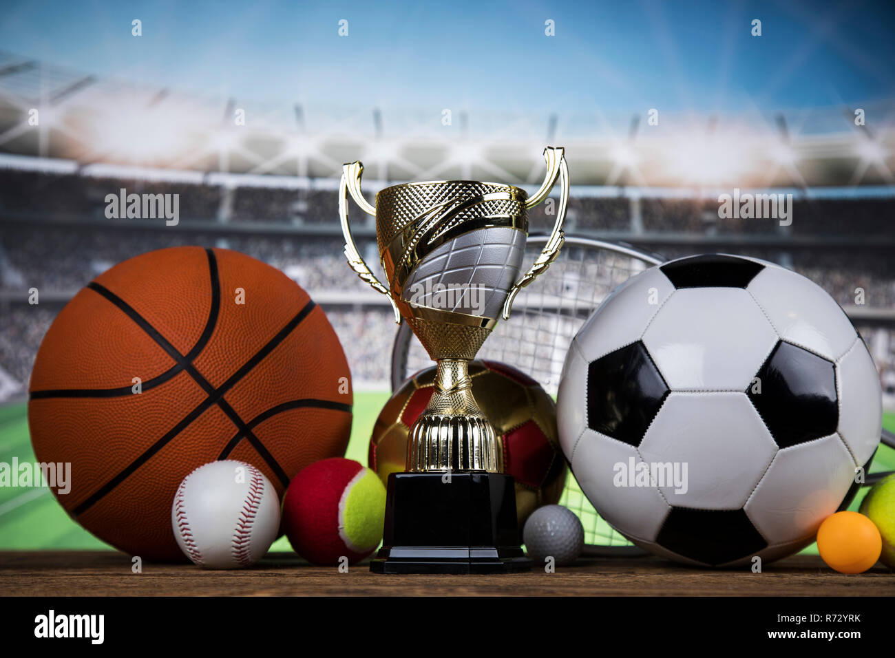 Winner trophy, Sport equipment and balls Stock Photo Alamy