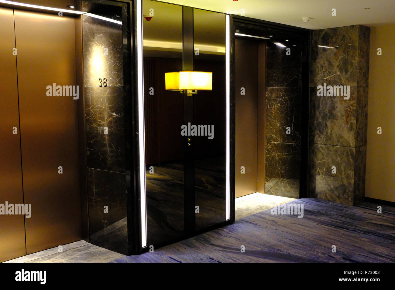 Lifts in the Shangri La Hotel at The Shard London UK Stock Photo