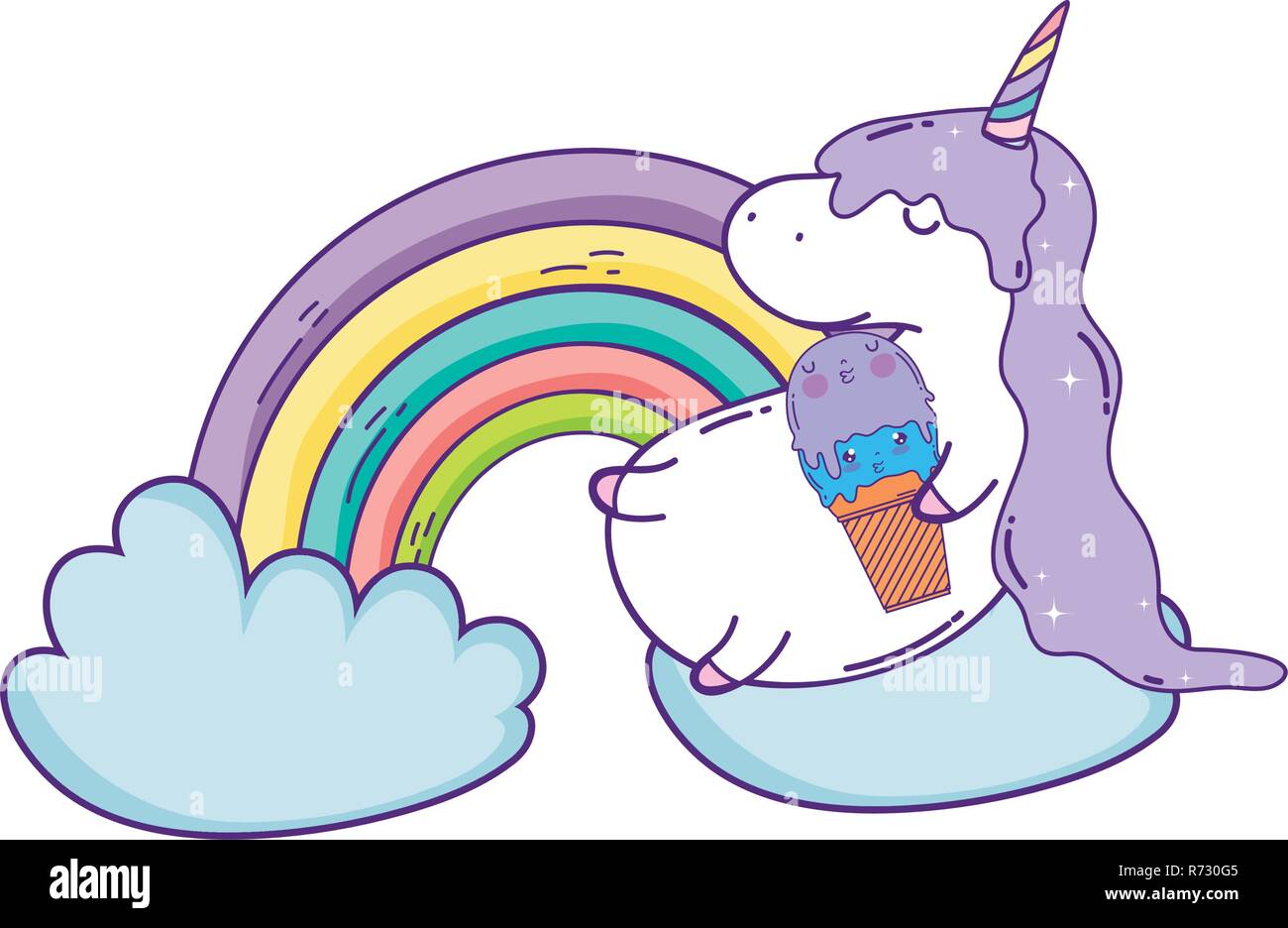 cute unicorn with clouds and rainbow kawaii Stock Vector Image & Art ...