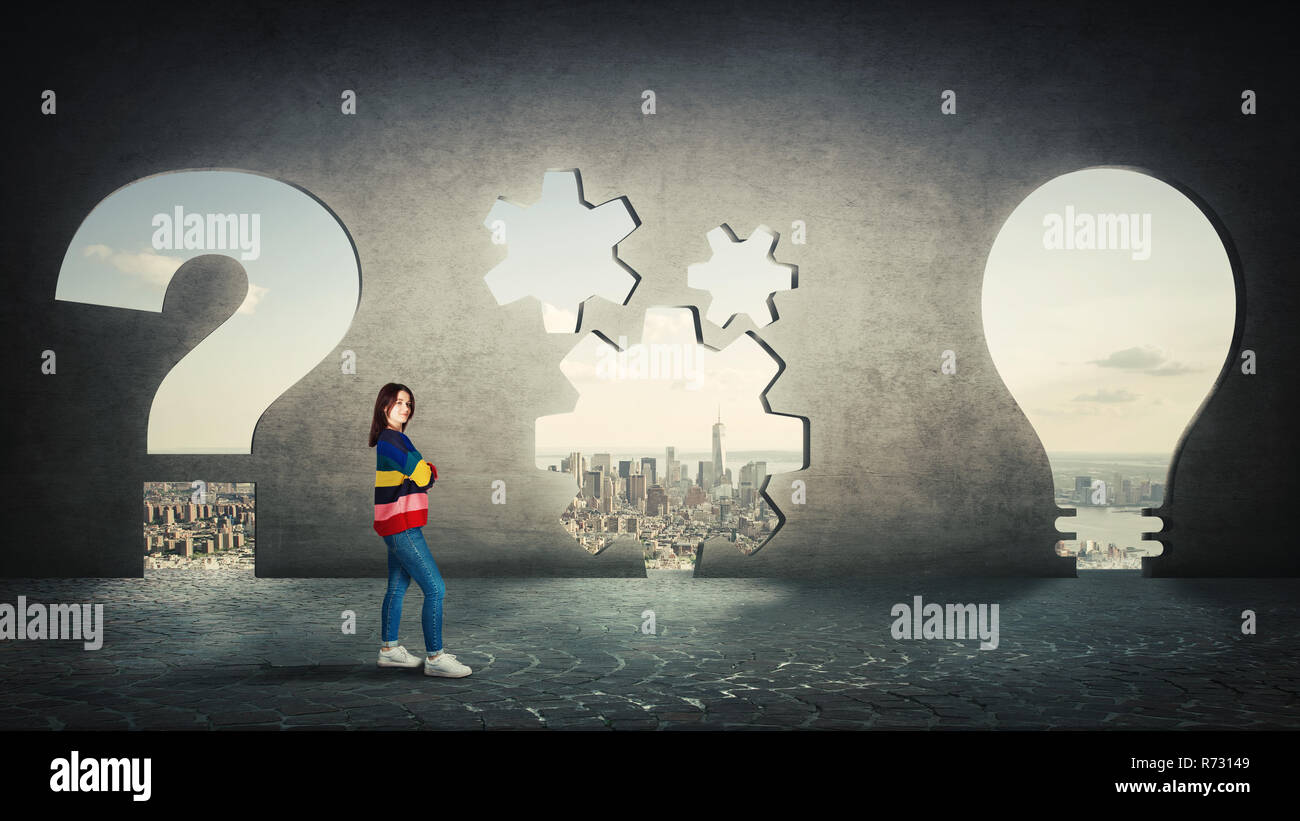 Problem analysis solution concept. Confident woman have questions to ...