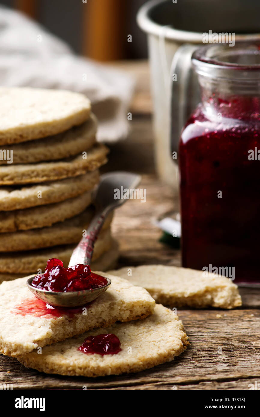 Scottish Oatcakes with cowbweey jam .style rustic.selective focus Stock
