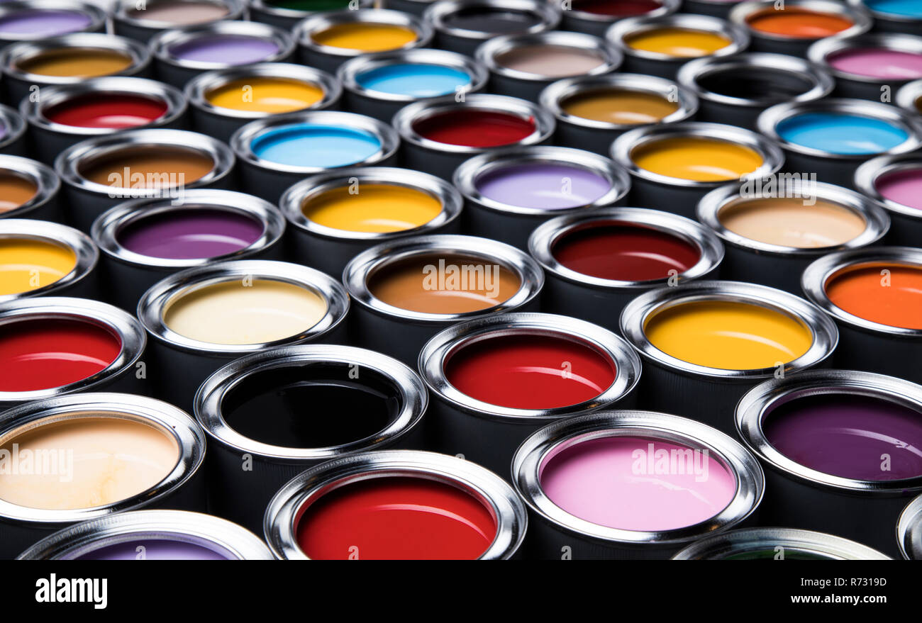 Creativity concept group of tin metal cans with color paint Stock Photo ...