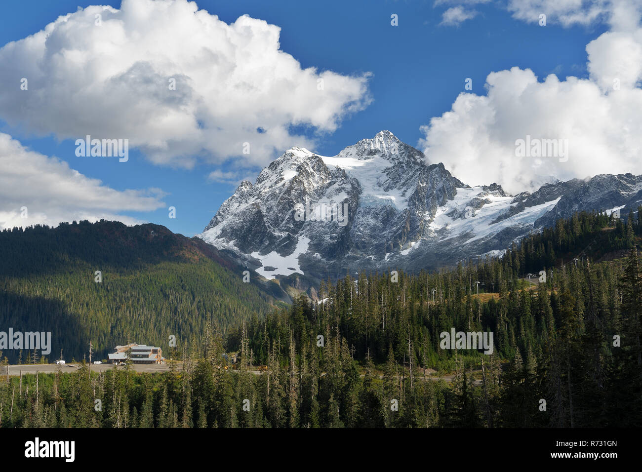 Mount Shuksan is a prominent mountain in the Pacific Northwest in the Mount Baker Wilderness Stock Photo