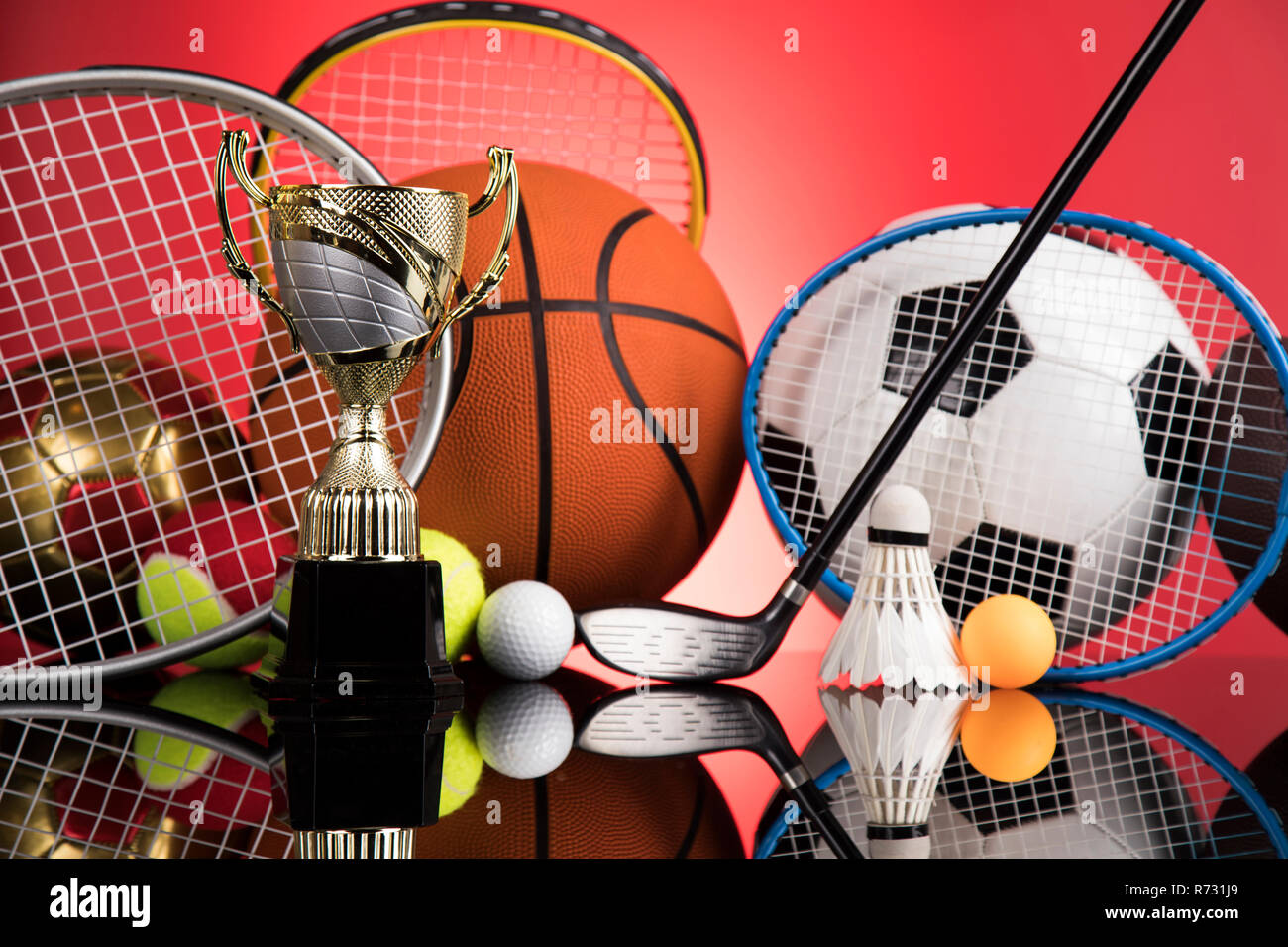 Winner trophy, Sport equipment and balls Stock Photo Alamy