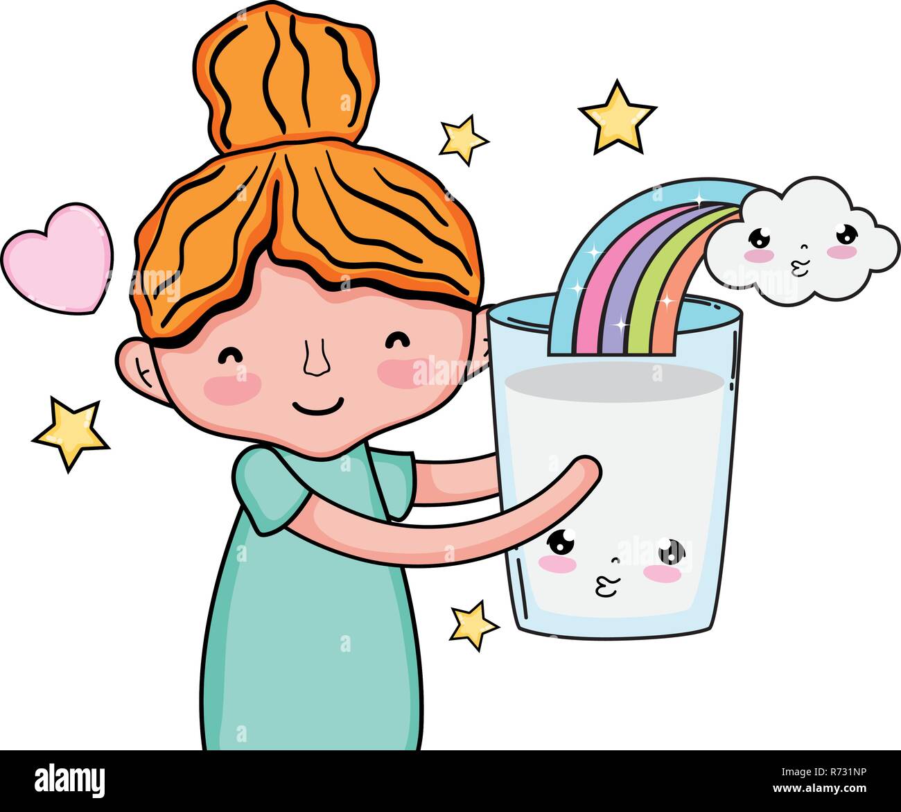 little girl with milk and rainbow kawaii character Stock Vector