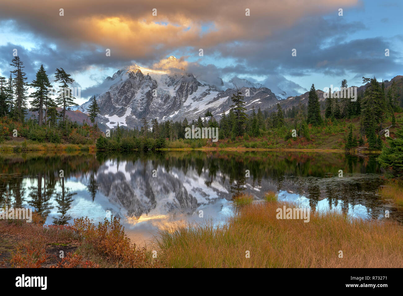 Mount Shuksan is a prominent mountain in the Pacific Northwest in the Mount Baker Wilderness Stock Photo