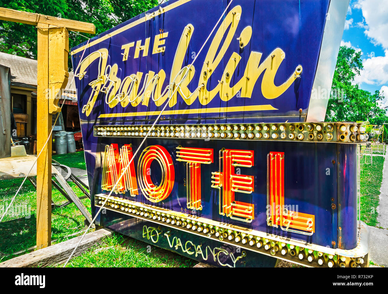 A sign from Franklin Motel sits on the front lawn at Biggar's Antiques in Chamblee, Georgia, June 10, 2014. The family-owned shop was founded in New Y Stock Photo