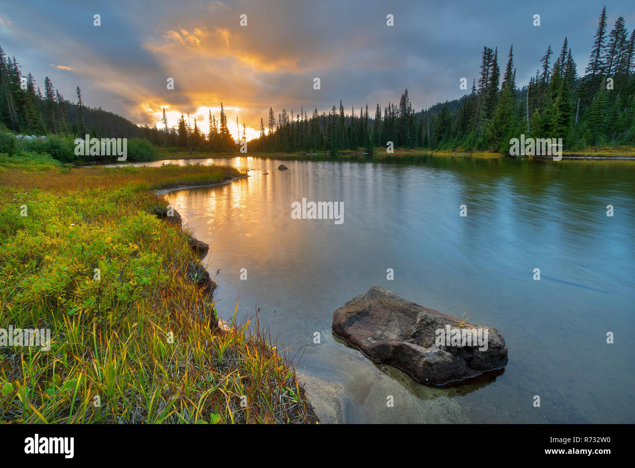 Reflection Lakes is a collection of lakes in Mount Rainier National Park in Washington State Stock Photo