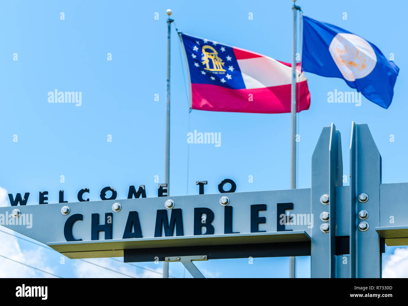 A welcome sign hangs outside Chamblee City Hall in Chamblee, Georgia, June 10, 2014. Chamblee was incorporated in 1907 and has a population of 9,892. Stock Photo