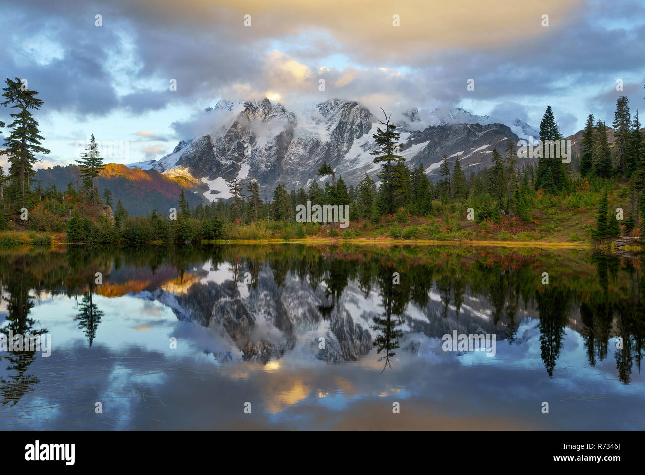 Mount Shuksan is a prominent mountain in the Pacific Northwest in the Mount Baker Wilderness Stock Photo