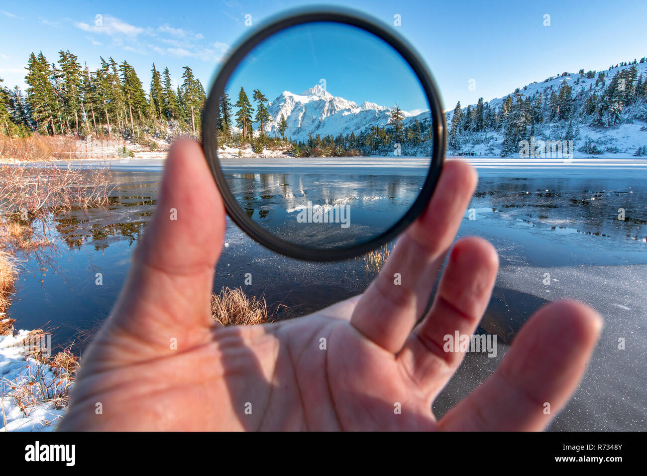 Mount Shuksan is a prominent mountain in the Pacific Northwest in the Mount Baker Wilderness Stock Photo